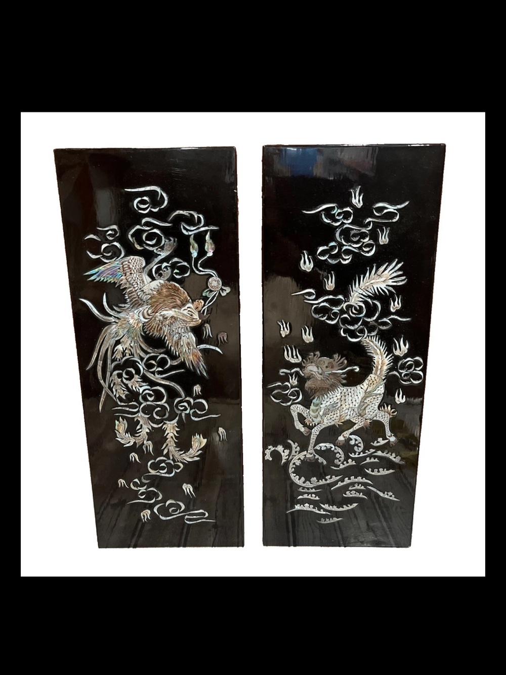 Black Mother-of-Pearl Phoenix & Qilin Wall Panel Pair - Decorative Asian Art